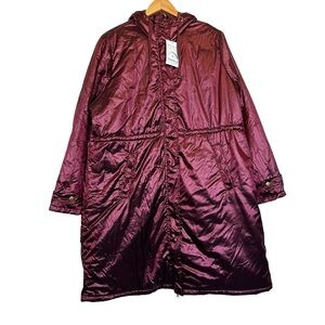 Torrid NWT 1X Metallic Long Line Puffer Burgundy Water/Rain Resistant Jacket